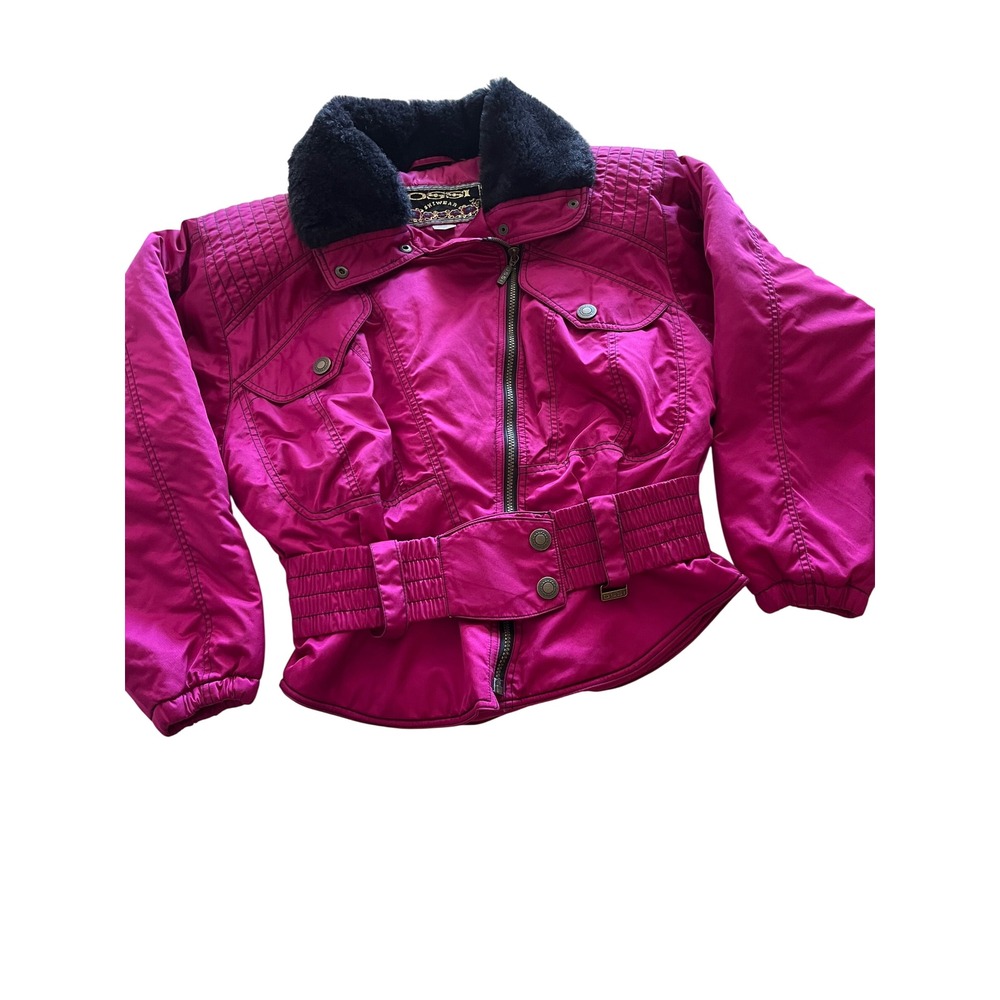 Vintage OSSI Skiwear Magenta Pink Faux Fur Collar Belted Puffer Jacket Womens M